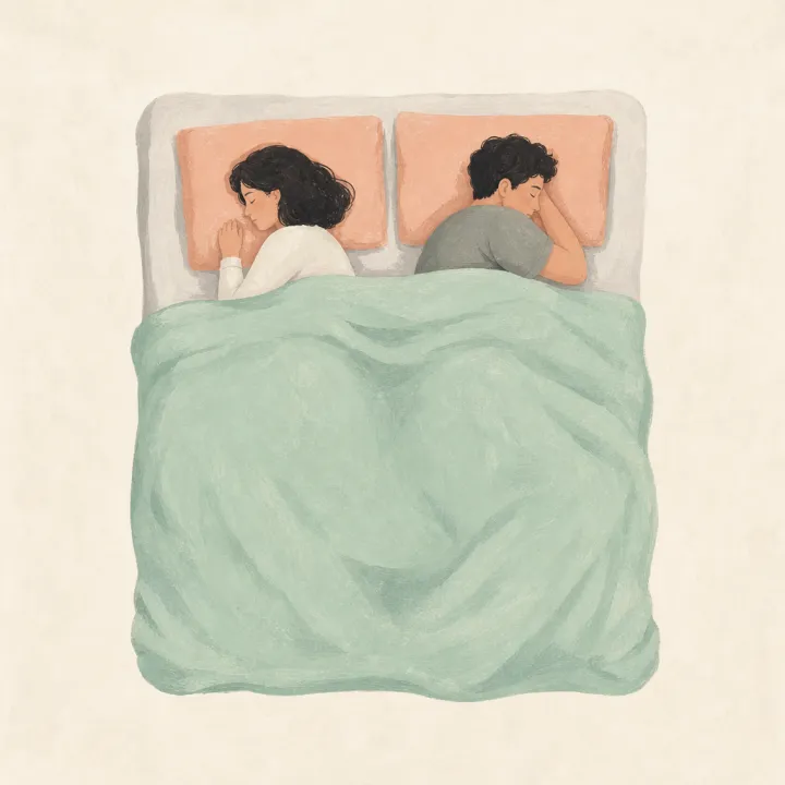 A couple in bed under one shared blanket