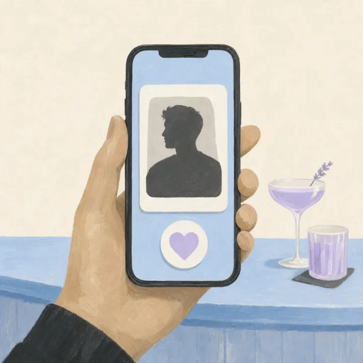 A hand holding a phone with a dating app profile