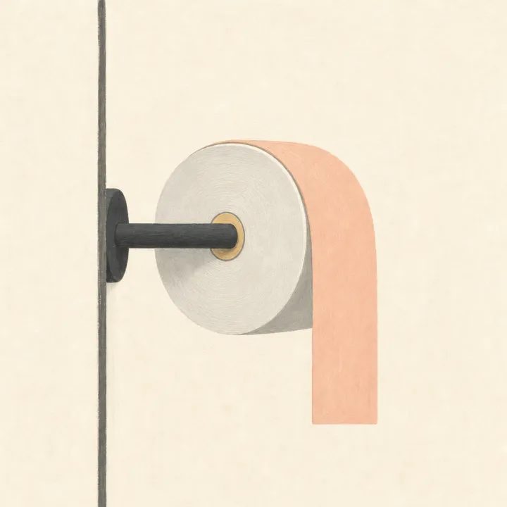 Toilet paper hanging over the front of the roll
