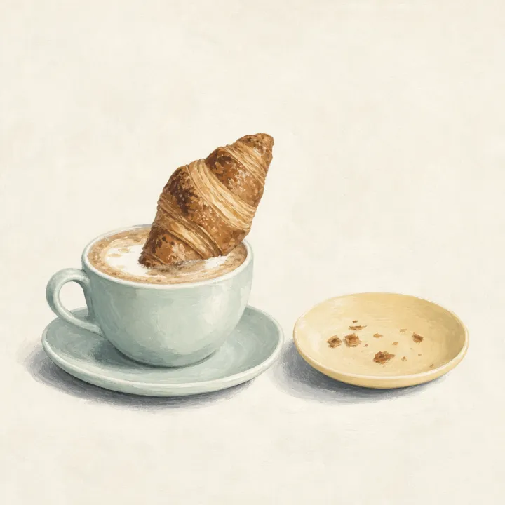 Croissant dunked in a cappuccino