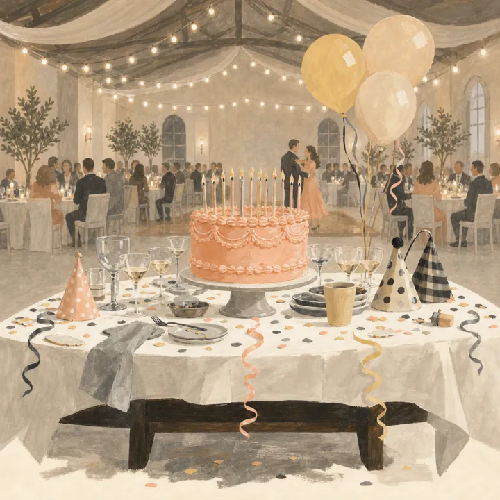 A big birthday party with a cake and balloons